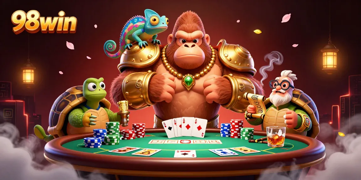 Engage in thrilling gaming adventures with 98win's casino atmosphere showcasing vibrant characters and dynamic gameplay.