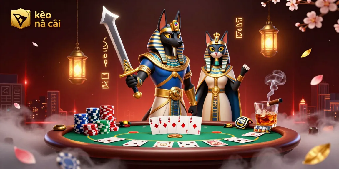 Experience kèo nhà cái action with Anubis and Bastet amidst poker elements and vibrant colors.