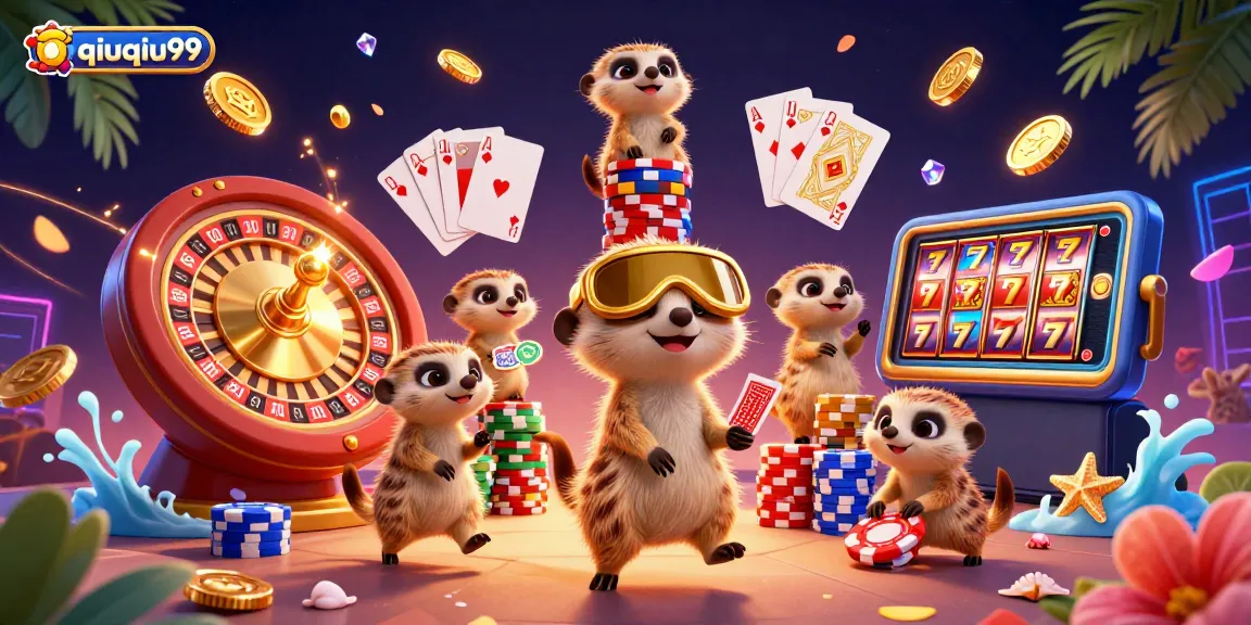 Experience thrilling gameplay with qiuqiu99 in this vibrant casino scene featuring meerkats running intricate games.
