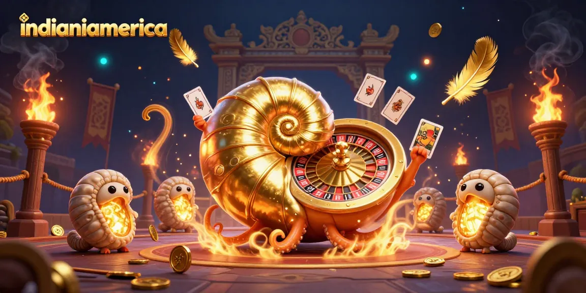 Spin to win big at indianiamerica, featuring a giant nautilus roulette wheel and glowing cards.