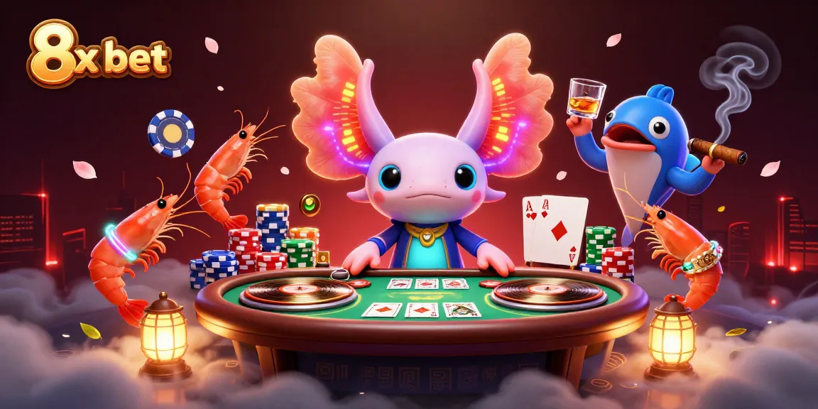 Experience the thrill of 8x bet at an exciting poker party with a neon axolotl DJ and vibrant sea creatures.
