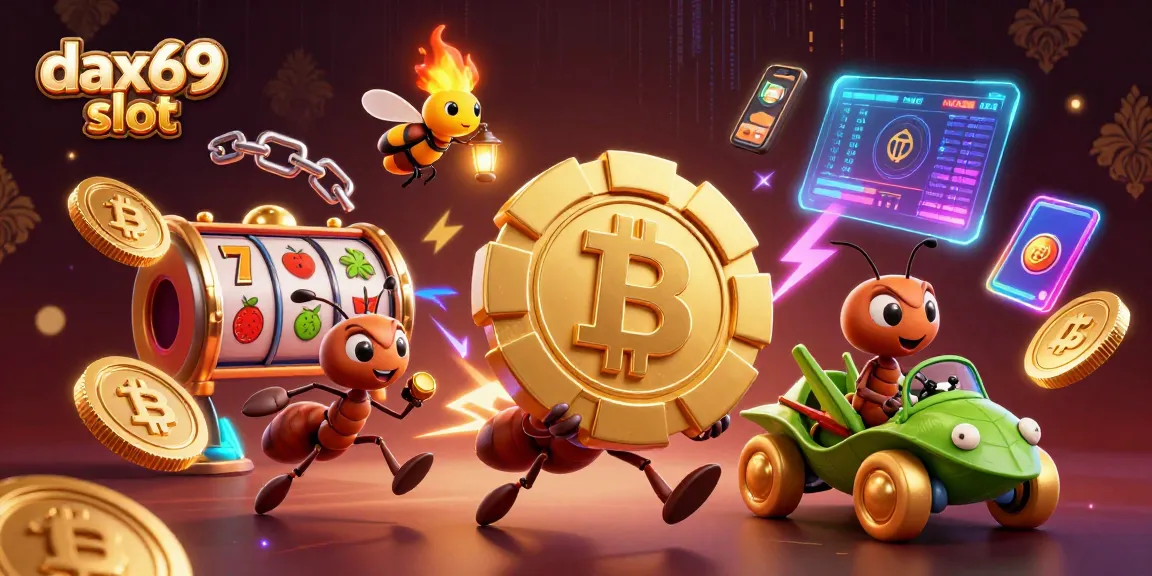 Dapatkan pengalaman menarik di dax69 slot dengan ilustrasi tim semut 3D yang menyelamatkan chip poker emas dalam suasana perjudian.