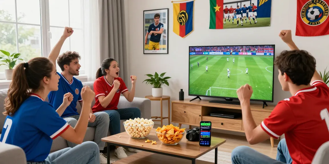 Friends enjoying a live football match in a modern living room with ihdsports.com updates, vibrant atmosphere.