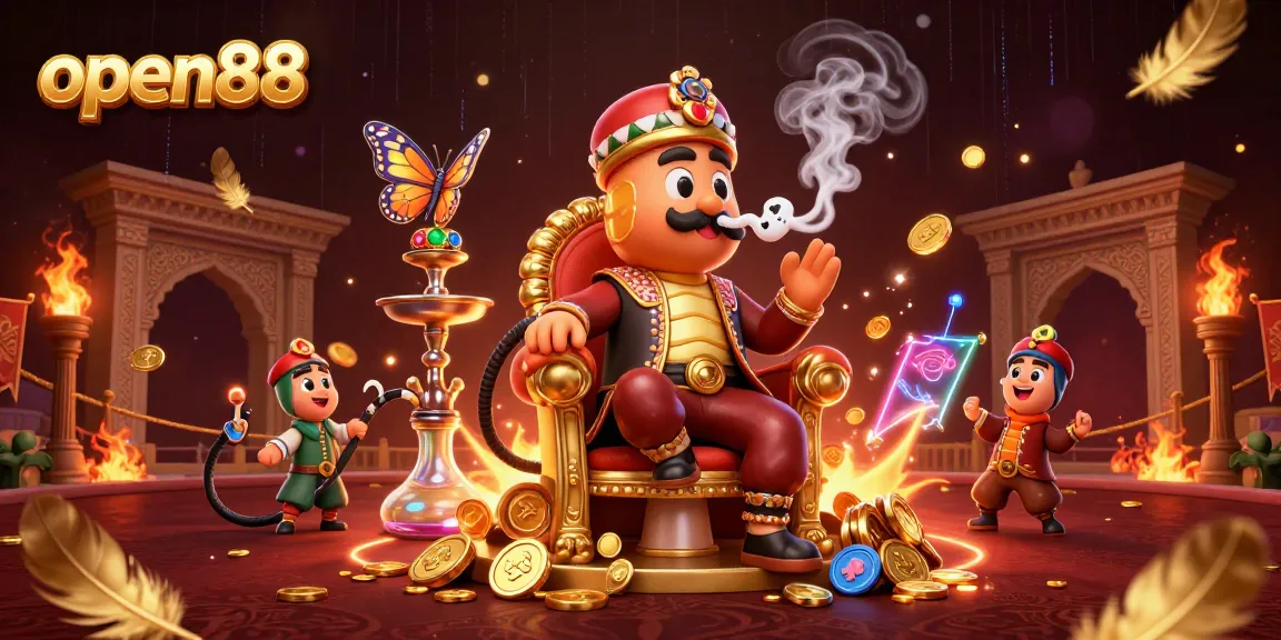 Experience the excitement of open88 with a dynamic 3D casino scene featuring a stylish caterpillar and poker symbols.