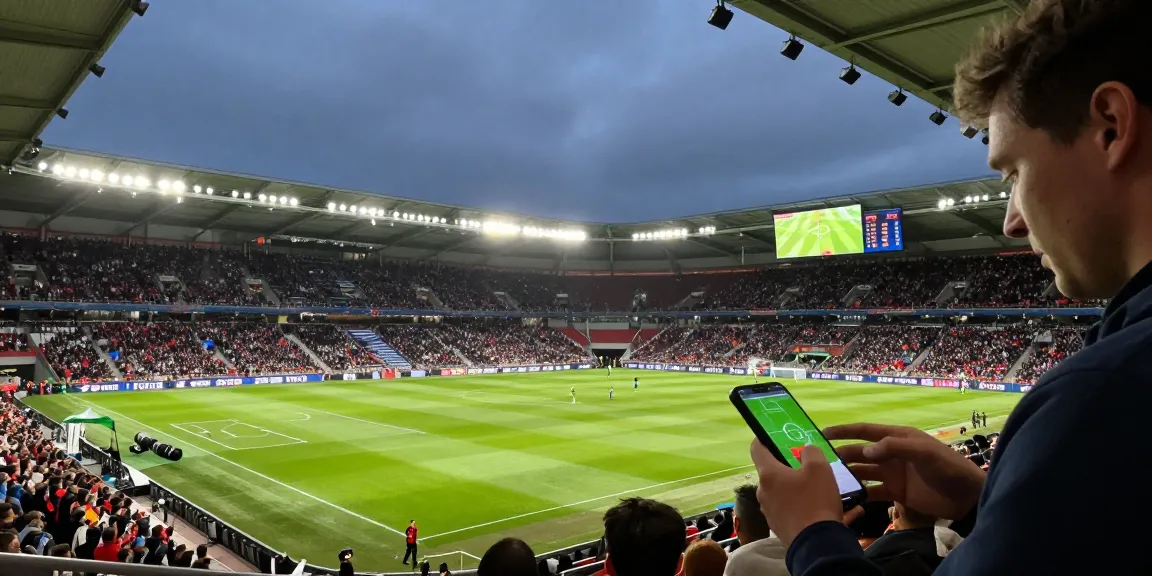 แทงบอลโลก betting predictions during a live match, analyzing odds and statistics in a vibrant stadium atmosphere.