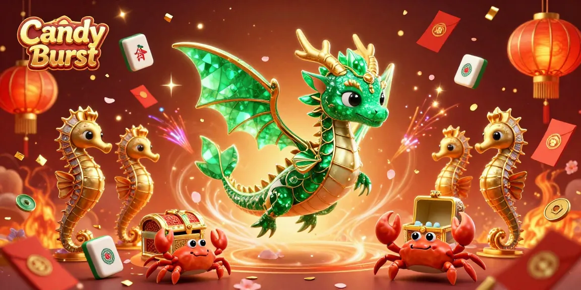 Candy Burst showcases a sea dragon and a treasure chest in a vibrant 3D casino illustration, filled with celebratory game elements.