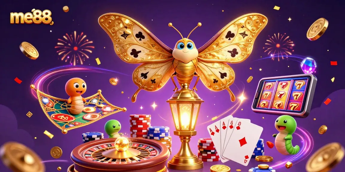 Experience thrilling gaming action at me88 with vibrant casino elements in a dazzling 3D scene.
