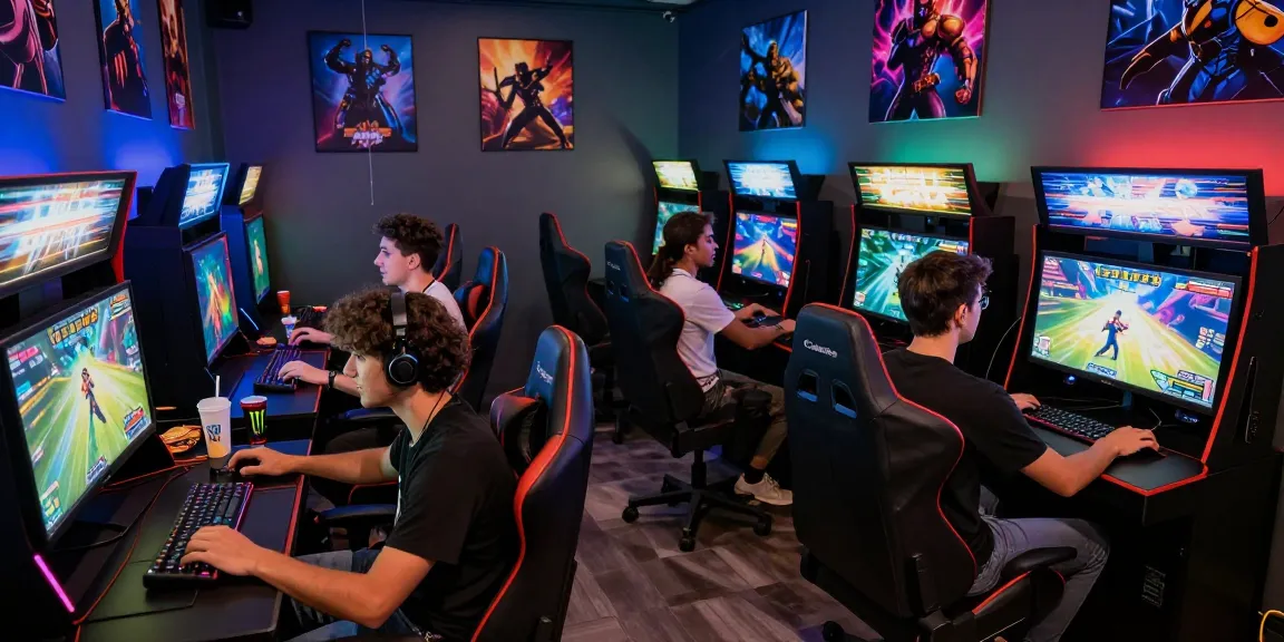 Friends enjoying competitive gaming at hitclub arcade with vibrant lighting and action screens.