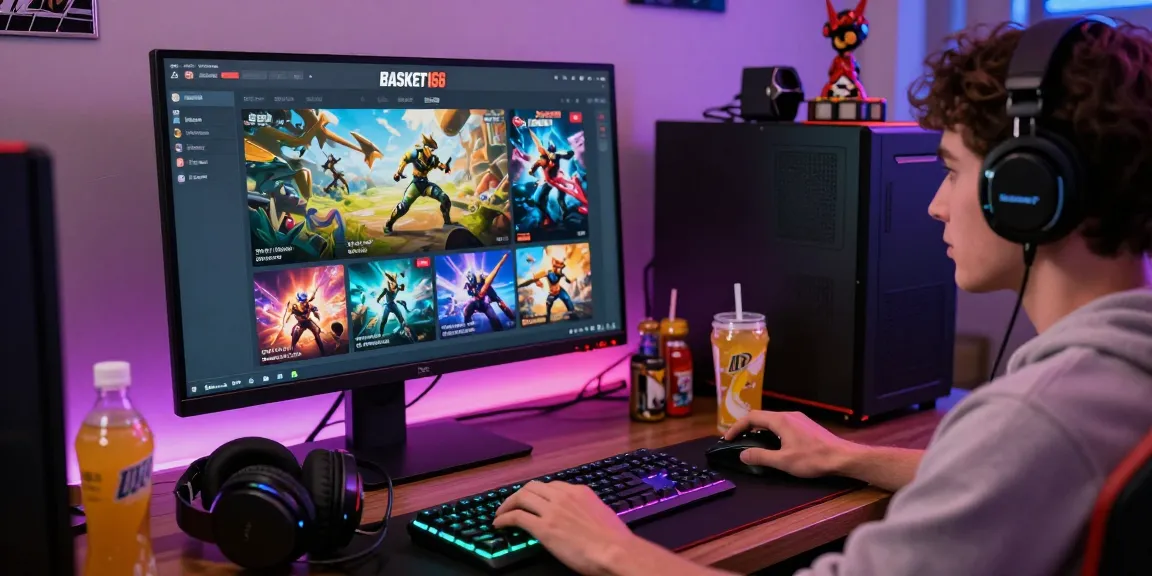 Demo basket168 memperlihatkan pengguna bermain game online dengan antarmuka modern dan peralatan gaming yang menarik.