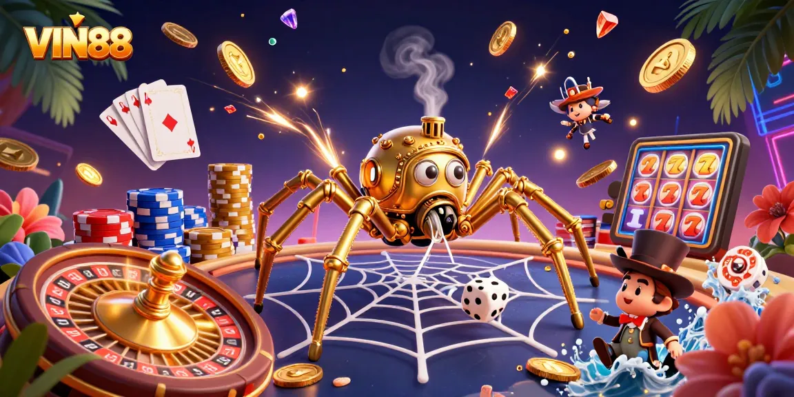 Experience thrilling gaming action at VIN88 with dynamic characters and gold coins in a vibrant 3D casino illustration.