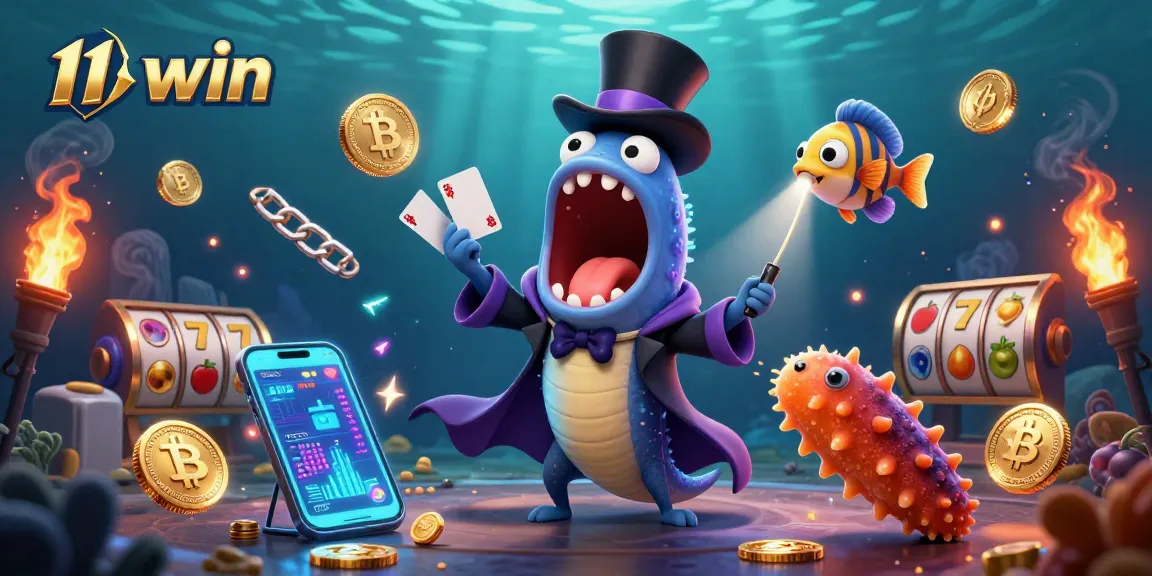Engage with 11 win in this vibrant casino scene with a bioluminescent eel performing magic tricks.