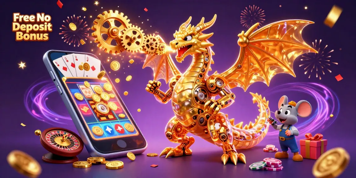 Engage with the Free No Deposit Bonus through enchanting 3D visuals of a golden dragon and slot game elements.