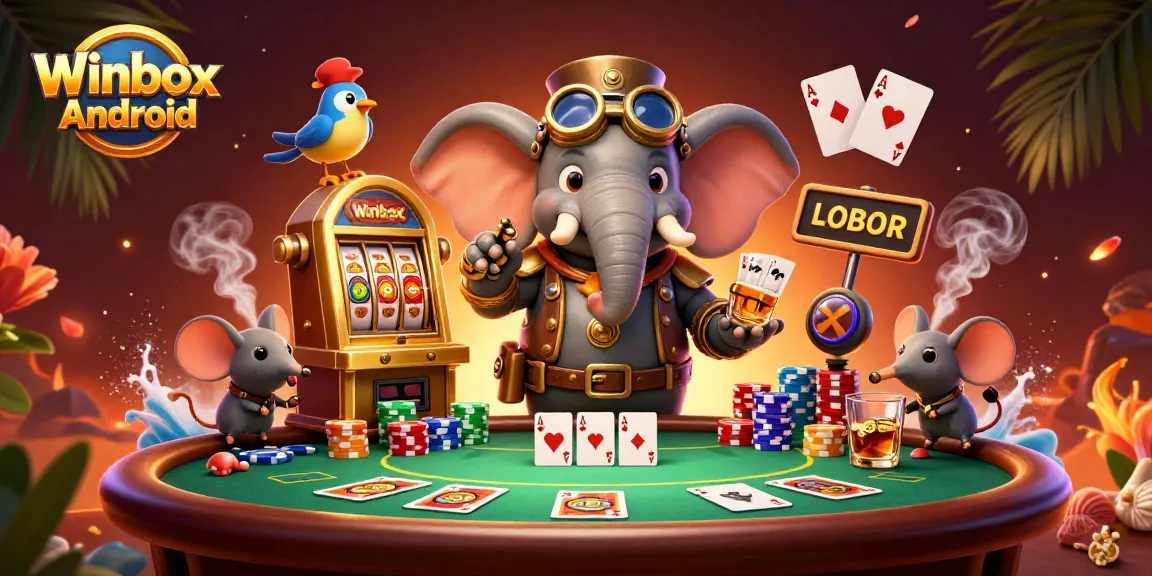 Winbox Android players enjoy loading their games with a steampunk elephant amid vibrant casino elements.