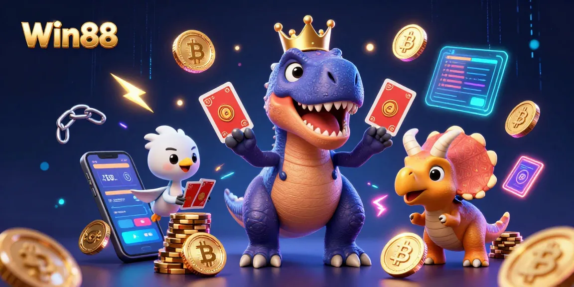 Win88 delights players with a vibrant illustration of a T-Rex shuffling cards amidst crypto coins.