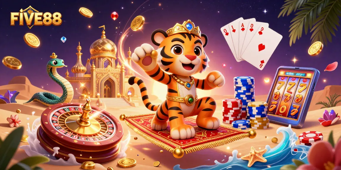 Experience the magic of FIVE88 with a vibrant casino scene featuring a sultan, genie, and rich game elements.