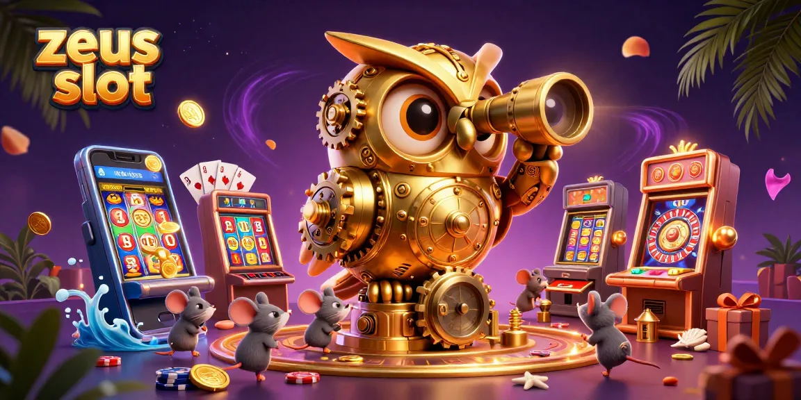 Experience zeus slot thrills with a clockwork owl and lively casino scene.
