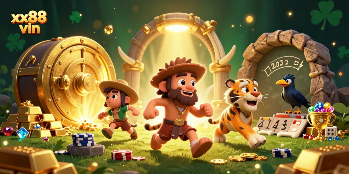 Experience thrilling wins at xx88 vin with a vibrant prehistoric casino scene full of treasures.