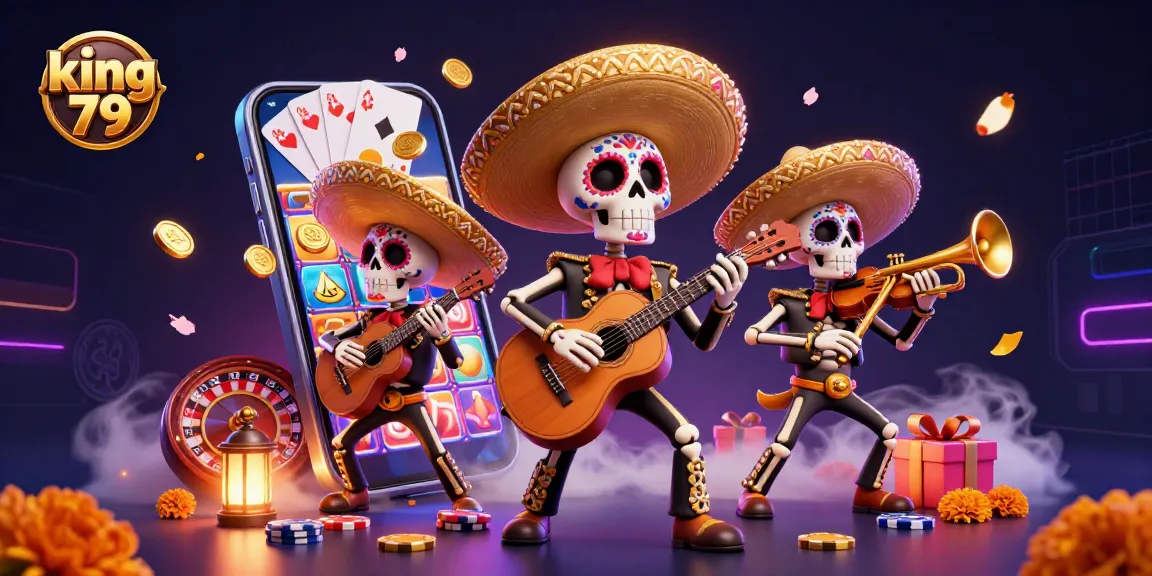 Experience king 79 with vibrant 3D mariachi skeletons amidst a colorful casino scene filled with games.