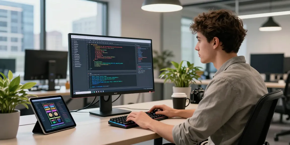 Developer coding a slot machine application at a modern workstation, vibrant workspace with city view.