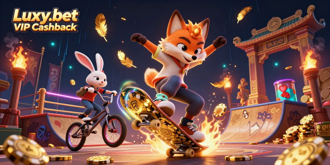 Experience Luxy.bet VIP Cashback with an action-packed 3D scene of casino-themed characters.