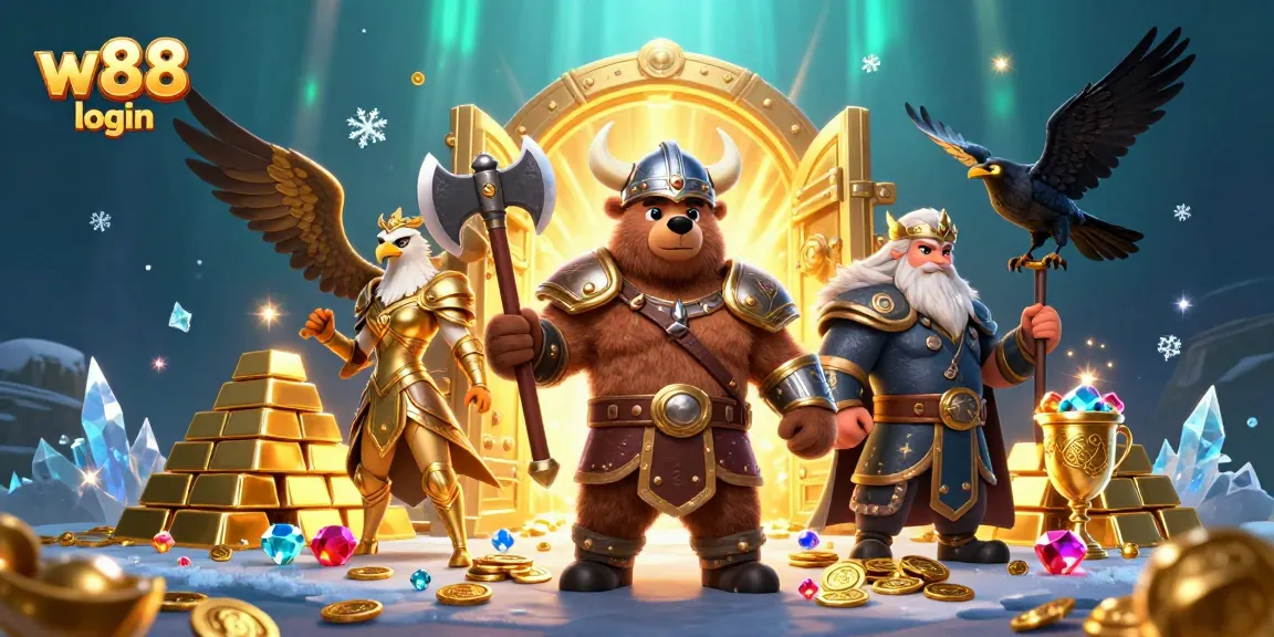 w88 login to exciting 3D illustration featuring a bear and eagle surrounded by treasures