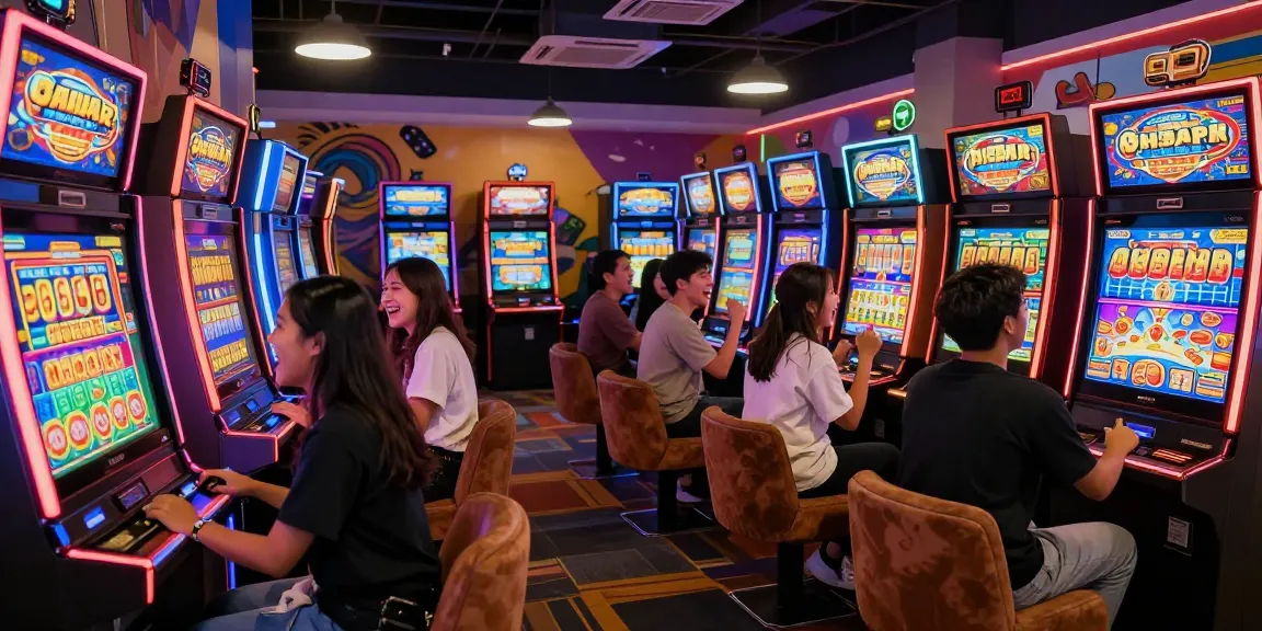 Slot gacor, kelompok teman merayakan kemenangan di mesin slot, suasana arcade ceria.