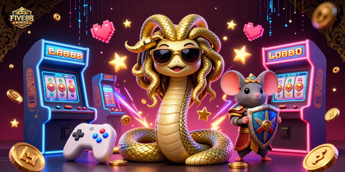 Engage with the vibrant FIVE88 gaming world, featuring Medusa and warrior mouse in an exciting casino adventure.