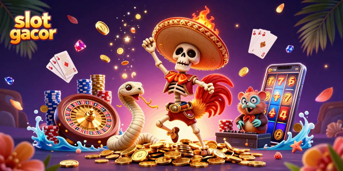 Gambarkan slot gacor yang menarik dengan skeleton mariachi dan kekayaan di atas koin emas