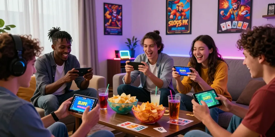 Friends enjoying the Slots PK app link in a lively gaming session at home with snacks and excitement.