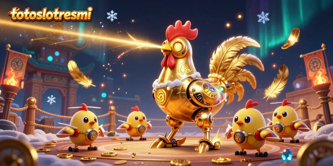 Engage with thrilling jackpot opportunities at totoslotresmi amidst a dynamic scene of golden robots and coins.