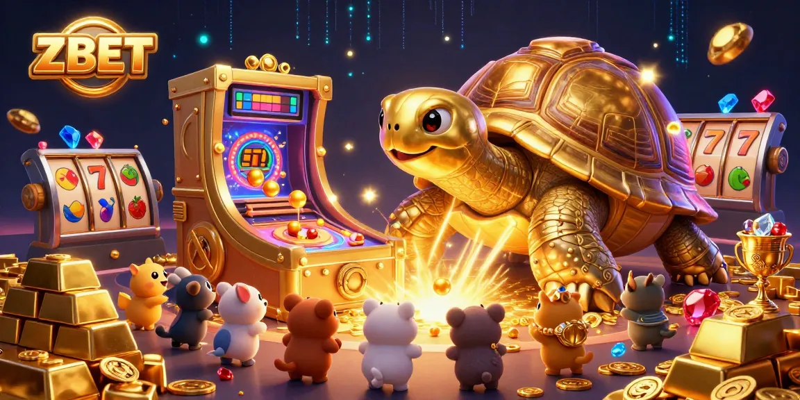 ZBET reveals excitement in this vibrant slot machine scene with a colossal tortoise and golden treasures.