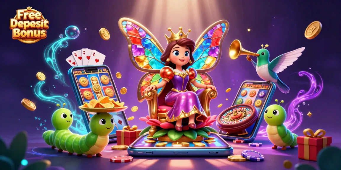 Spin the reels and win with Free No Deposit Bonus in this vibrant casino-themed illustration.